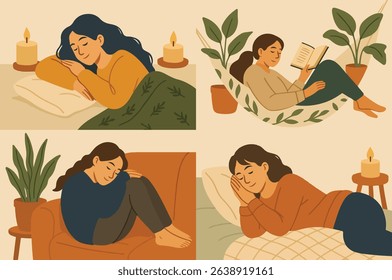 Cozy women relaxing at home illustration set