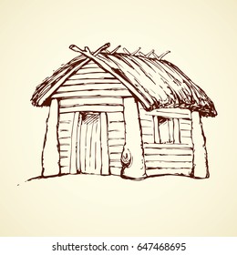 Cozy wood plank barn facade isolated on white backdrop. Retro loghouse abode with aged reed roof. Freehand outline black ink hand drawn picture sketchy in art vintage doodle contour style pen on paper