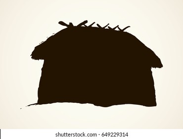 Cozy wood plank barn isolated on white backdrop. Retro loghouse abode with aged reed roof. Dark ink hand drawn picture sketchy in art vintage doodle contour style