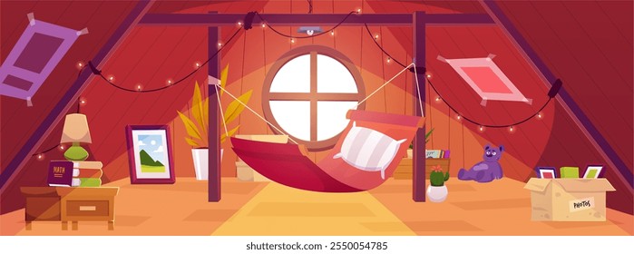 Cozy wooden attic with hammock, garland and window in roof. Vector cartoon interior of mansard for relax and recreation, garret lounge with book shelf and flower pots, box of photos