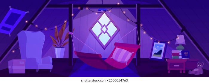 Cozy wooden attic with hammock, glowing garland and window in roof at night. Vector cartoon interior of mansard for relax and recreation, garret lounge with armchair, book shelf and flower pots