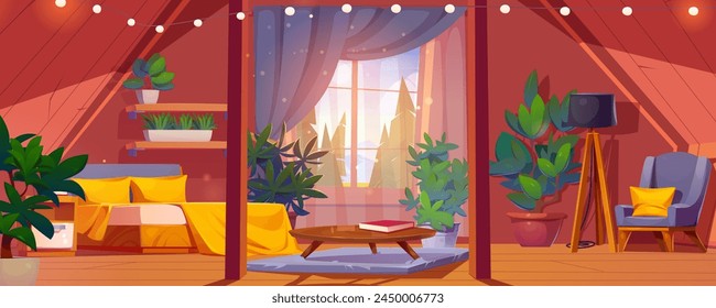 Gemütliche Holzkabine Dachgeschoss Schlafzimmer Interieur mit Wald Außenfenster. Cartoon Vektorgrafik Holzmansard mit großem Familienbett und Tisch, Sessel und Stehlampe, Regale und Grünpflanzen in Blumentöpfen.