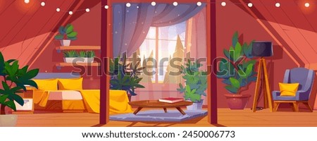 Cozy wooden cabin attic bedroom interior with forest outside window. Cartoon vector wood mansard with big family bed and table, armchair and floor lamp, shelves and green plants in flower pots.