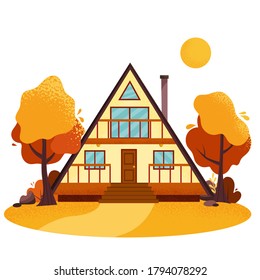 Cozy wooden cabin in the autumn forest. Vector illustration of A-frame house.