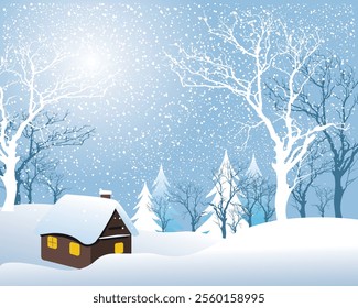 Cozy wooden cabin in a serene snowy landscape with trees and snowfall. A perfect image for winter or Christmas scenes and seasonal decorations