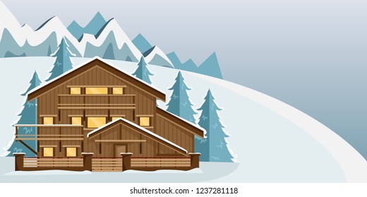 Cozy wooden Chalet in the mountains. Mountain landscape. Flat style. Ski resort.