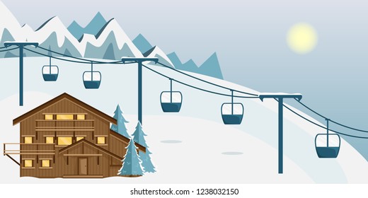 Cozy wooden Chalet in the mountains. Mountain landscape. Flat style. Ski resort.