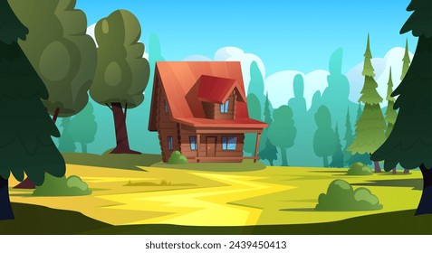 A cozy wooden cottage with a veranda and stairs, located in the forest. A cartoon vector clipart with a roof, chimney and summer trees highlighted on a white background.