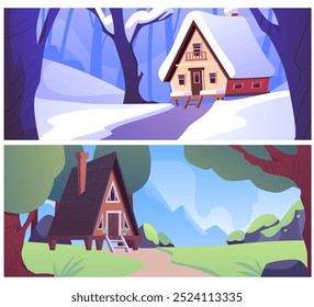 Cozy wooden house illustrations in two seasons: winter and summer. Snow-covered cabin in a forest and a summer cabin with lush green surroundings. Vector illustrations of seasonal cabins.