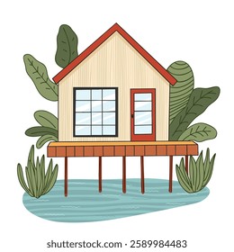 Cozy Wooden House on Stilts. A peaceful retreat in nature. Modern sustainable architecture and climate-adaptive design.