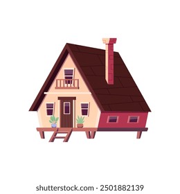 Cozy wooden house with a triangular roof, chimney, balcony. The chalet is on stilts. Potted plants on the veranda. Cottage for a good weekend getaway. Vector illustration isolated on white background.