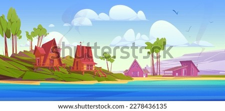 Cozy wooden houses near mountain lake. Vector cartoon illustration of beautiful natural landscape, glamping huts on green hill, tall trees, blue water surface, birds flying in sky. Recreation scene