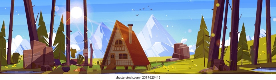 Cozy wooden hut in mountain valley. Vector cartoon illustration of chalet house with porch, stairs and chimney on roof, green grass and trees in spring forest, vacation camping, birds in blue sky
