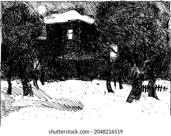 Cozy wooden lodge design on snowstorm drift card backdrop. Freehand line black ink hand drawn xmas fir bush picture sketchy in retro tale doodle cartoon engrave print style pen on paper space for text