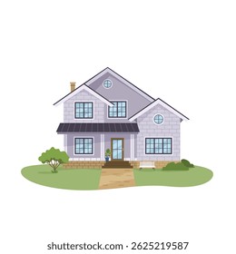 Casa acolhedora de madeira para uma única família em estilo plano. Construção contemporânea. Casa separada. Clipart isolado no fundo branco para férias, eco-vida, arquitetura, conceitos rurais. Ilustração vetorial
