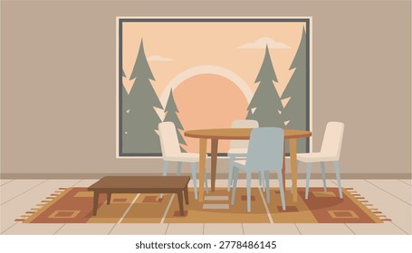 Cozy wooden table with chairs in front of mountain landscape on screen