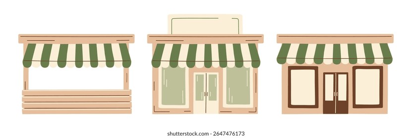 Aconchegante stand de fornecedor de madeira, pequena loja, banca de mercado, panificação set vetor ilustração, loja fofa com toldo listrado verde, vintage estética. Clipart desenhado à mão para design de marca comercial local.