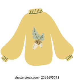 Cozy Wool Sweater with oak leaves and acorns. Hand drawing cute cozy illustration in kids style. Childish adorable cottagecore hand drawn element. Vector isolated on white