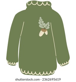 Cozy Wool Sweater with oak leaves and acorns. Hand drawing cute cozy illustration in kids style. Childish adorable cottagecore hand drawn element. Vector isolated on white