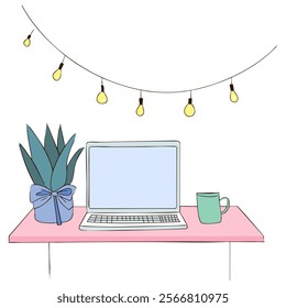 Cozy Work Desk Setup with Lights and Greenery