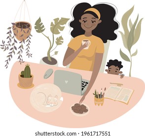 cozy work from home with a child vector illustration