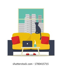 Cozy work place with sofa and coffee table. Comfort home office for freelance or telework. House interior for living room. Vecktor illustration in flat style.