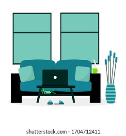 Cozy work place with sofa and coffee table. Comfort home office for freelance or telework. House interior for living room. Vecktor illustration in flat style.