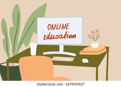 Cozy workplace with a desktop monitor and flowers at home. Colorful vector illustration in flat cartoon style