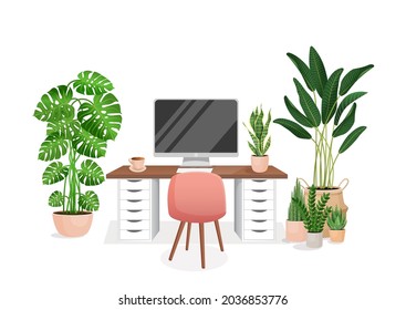  Cozy workplace with houseplants. Modern interior for home office with computer, cabinet, remote work, freelancing, teaching. Vector illustration in flat cartoon style. Comfortable workspace.