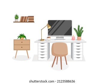 Cozy workplace with houseplants. Modern interior for home office with computer, cabinet, remote work, freelance, education. Vector illustration in flat cartoon style. Comfortable workspace and room.