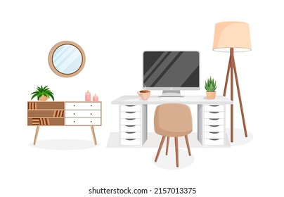 Cozy workplace with houseplants. Modern interior for home office with computer, cabinet, remote work, freelance, education. Vector illustration in flat cartoon style. Comfortable workspace and room.