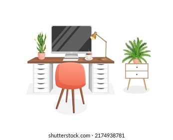 Cozy workplace with houseplants. Modern interior for home office with computer, cabinet, remote work, freelance, education. Vector illustration in flat cartoon style. Comfortable workspace and room.