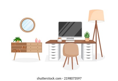 Cozy workplace with houseplants. Modern interior for home office with computer, cabinet, remote work, freelance, education. Vector illustration in flat cartoon style. Comfortable workspace and room.