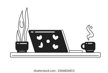 Acogedor lugar de trabajo monocromo objeto vector plano. Portátil, planta doméstica y taza de café. Hogar. Icono de línea fina blanca y negra modificable. Ilustración puntual de clip de caricatura simple para diseño gráfico web