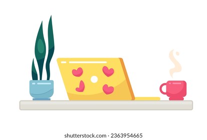 Cozy workplace semi flat colour vector object. Laptop, houseplant and coffee cup. Home office. Editable cartoon clip art icon on white background. Simple spot illustration for web graphic design