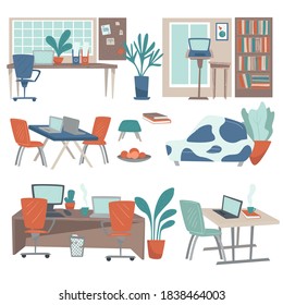 Cozy workplaces at home and office, working as freelancer or worker at company. Interior design with tables and monitors, furniture and decoration. Foliage and flora in pots, vector in flat style
