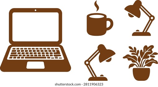 A cozy workspace featuring a laptop, coffee cup, desk lamp, and potted plant in a minimalistic design