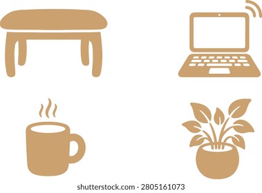 A cozy workspace featuring a wooden table, laptop, steaming coffee cup, and potted plant
