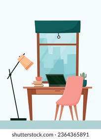 Cozy workspace interior. Workplace with desk, chair, laptop, window, lamp, books. Home office furniture