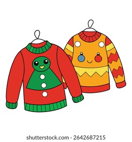 Cozy woven Christmas sweaters hang over shoulders, showcasing festive patterns and holiday cheer in warm, textured knits perfect for the winter season.
