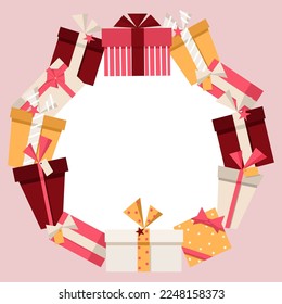 Cozy wreath with gift boxes, dots, ribbons. Simple design for New Year, Christmas, birthdays, weddings, Valentine’s Day. Stylish minimalistic collection for product design, wrapping paper, decoration