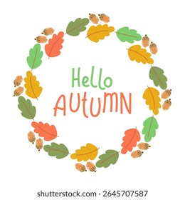 Cozy “Hello Autumn” wreath illustration with branches and leaves – great for Thanksgiving, fall sales, or home decor prints.