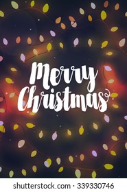 Cozy yellow Christmas lights garlands, greeting card with Merry Christmas typography and stylized lomo light leak