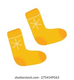 Cozy yellow winter socks with snowflake pattern vector illustration. Pair of yellow knitted woolen socks isolated on white background