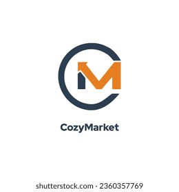 CozyMarket - Features the Initial Letter M Logo Template vector icon design, emphasizing a linked Letter M logo design with an arrow.