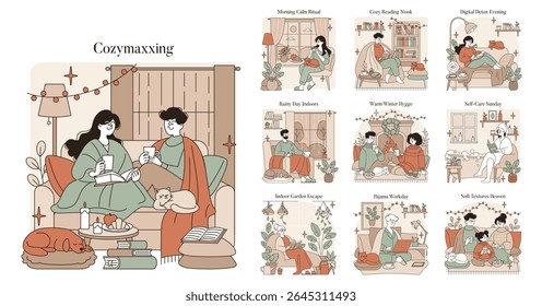 Cozymaxxing lifestyle vector illustration featuring people enjoying relaxation activities like reading and sipping drinks indoors. Emphasis on comfort, self-care, and hygge elements.