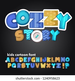 Cozzy kids alphabet for books, story, funny story. Ыcrapbooking comic font. Cartoon lettering template for app, banner, header, greeting card. Editable typography vector illustration