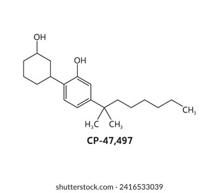 CP 47,497 drug molecule and chemical formula structure of narcotic substance, vector model. CP 47,497 synthetic or Cannabicyclohexanol organic cannabinoid and psychoactive drug in molecular formula