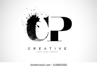 CP C P Letter Logo Design with Black Ink Watercolor Splash Spill Vector Illustration.