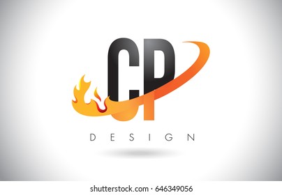 CP C P Letter Logo Design with Fire Flames and Orange Swoosh Vector Illustration.